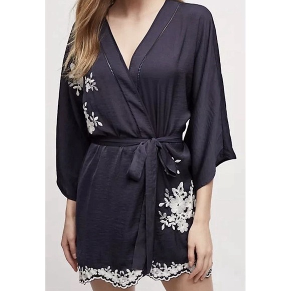 Anthropologie Other - Anthropologie Eloise Lune Embroidered Robe XS/S EUC **Missing Sash** Navy Floral